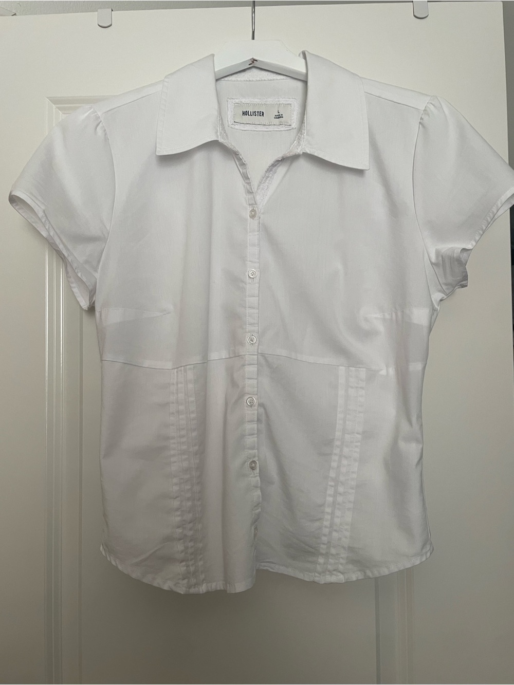 Hollister White Short Sleeve Button-Down Shirt with Pintuck Detail